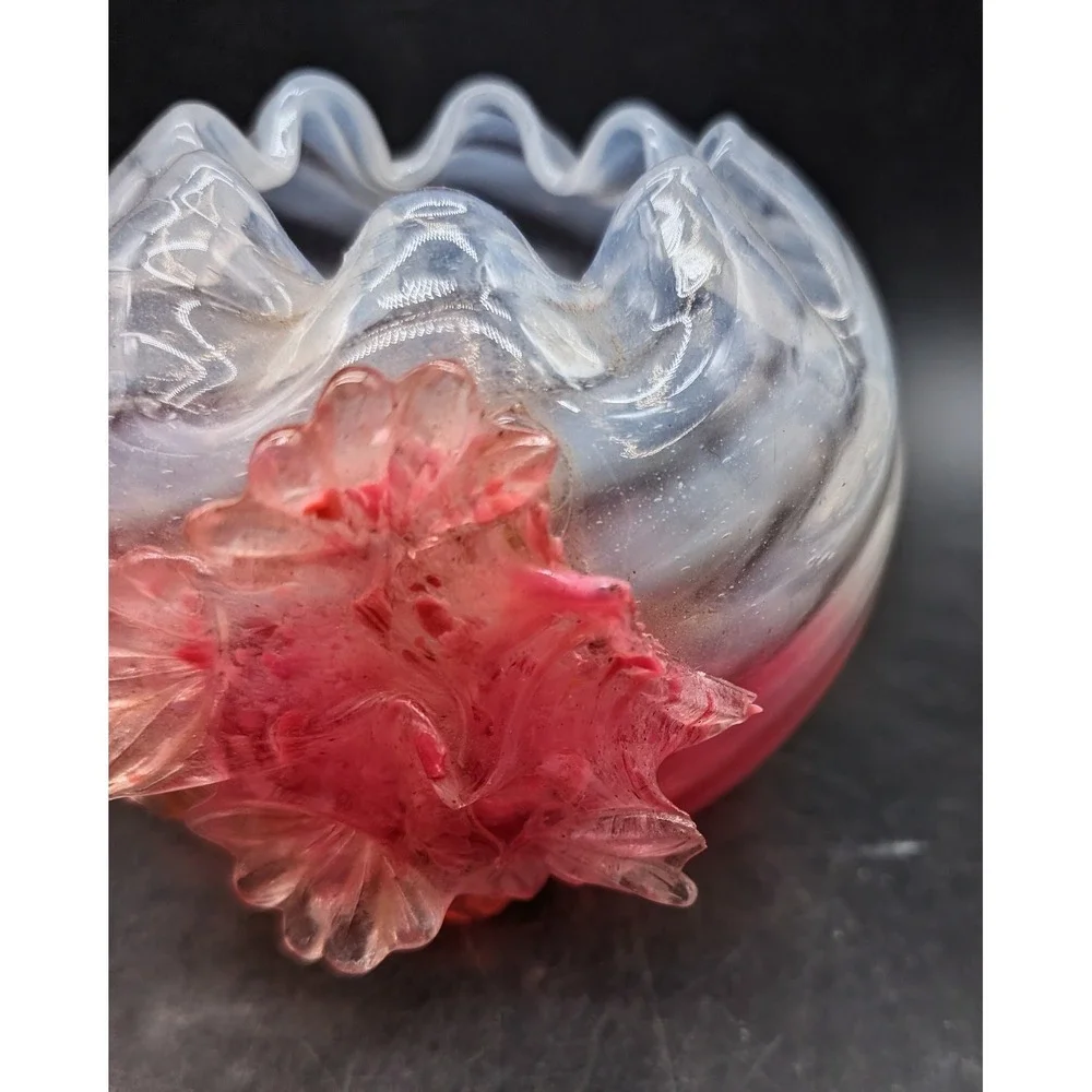 Uranium Glass Applied Flower Rose Bowl Opalescent Cranberry Swirl UV Glow 4.5
